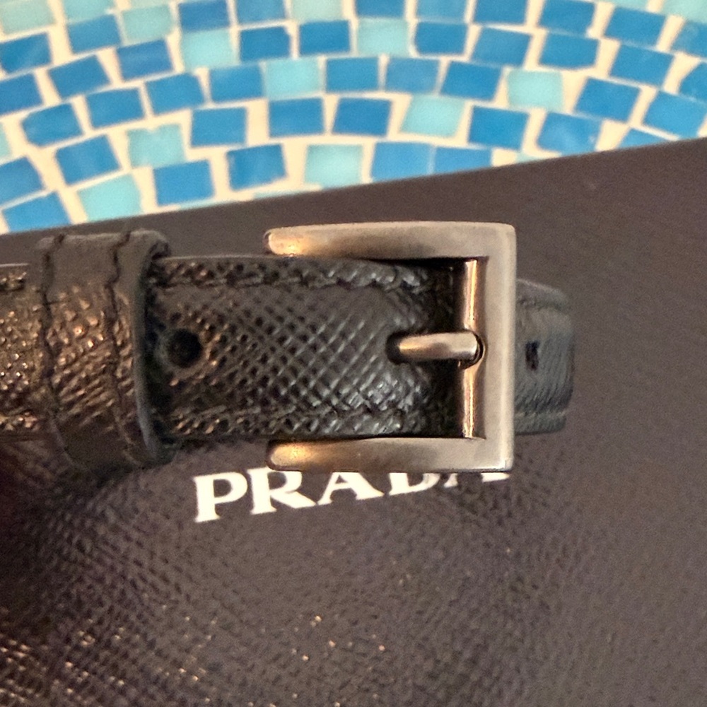 Prada Black Leather Bracelet with Brushed Metal Logo Plate - Picture 5 of 8